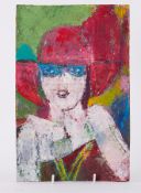 Unframed painting titled ' Girl in Red Hat' later version 1990, oil on board, 30cm x 20cm
