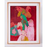 Framed painting titled ' Green Woman in Pink Dress' 1993, oil on board, 86cm x 68cm