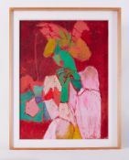 Framed painting titled ' Green Woman in Pink Dress' 1993, oil on board, 86cm x 68cm