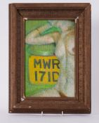 Framed painting titled ' Nude and Numberplate (1)' c.1980, oil pastel on canvas board, 41cm x 30cm
