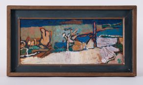 Framed painting titled ' South Coast of St Martins' 1987, oil on board, 26cm x 39cm