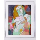 Framed painting titled ' Grey/green woman' 1993, oil on board, 88cm x 70cm