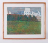 Glazed frame 'Grizedale College from Fields' c1981, pastel on board, 67 x 79cm.0