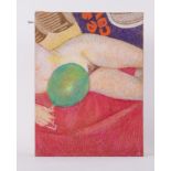 Unframed drawing titled ' Balloon and Legs' c.1977, pastel on board, 51cm x 38cm