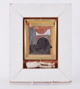 Framed collage titled ' Dress Collage with Dismembered Doll ' c.1970, framed collage , 25cm x 12cm?