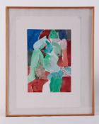 Framed painting titled ' Seated Figure, Greens and Reds' 1990, w/c on paper, 49cm x 40cm