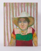 Unframed painting titled ' Gwen in Cream Straw Hat' 1985, pastel/board, 46cm x 35cm