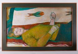 Framed painting titled ' Barbara on Sofa with Fish Blanket' c.1981, oil on board , 99cm x 136cm