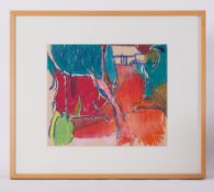 Framed drawing titled ' Red Garden' 1987, oil pastel on paper , 36cm x 42cm