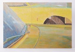 Unframed pastel, 'Untitled Yellow and Green Cars' late 1970s, oil pastel on board, 51cm x 76cm