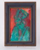 Framed painting titled ' Green Girl with Arms Over Head' 1989, oil on board, 42cm x 30cm