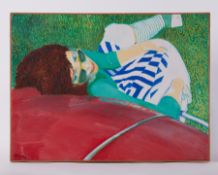 Framed painting titled ' Katrina and the Red VW (1)' 1980, oil on canvas , 56cm x 78cm