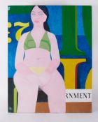 Framed painting titled ' Figure and poster (3?)' c.1980, oil on canvas , 117cm x 62cm