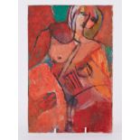 Unframed painting - untitled 'Nude in Orange' 1990, oil on canvas on board, 30cm x 21cm now