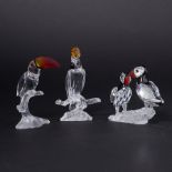 Swarovski Crystal Glass, 'Cockatoo', 'Puffins' and 'Toucan', boxed.