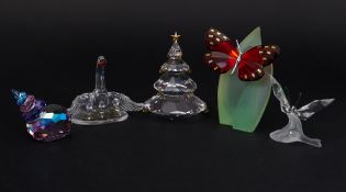 Swarovski Crystal Glass, 'Butterfly on Leaf', 'Swan Family' etc, all boxed.