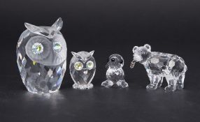 Swarovski Crystal Glass, 'Owl', 'Mini Owl', 'Seal' etc, three boxed and one unboxed.