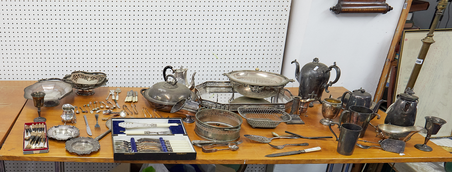 Large collection of Victorian and later silver plated wares to include gallery serving tray.