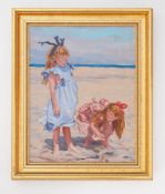 20th Century oil on canvas signed S.Tiffin 'Girls at the beach', framed, overall size 43cm x 35cm.