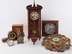 Collection clocks including brass cased drum clock with bell strike, reproduction lantern clock,