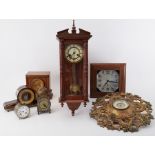 Collection clocks including brass cased drum clock with bell strike, reproduction lantern clock,