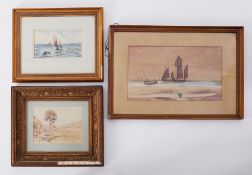 Seven various pictures including vintage watercolours, small marine painting H K Tapson, Joel Palmer