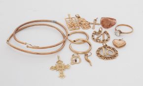 A mixed lot of 9ct yellow gold to include hoop earrings, rings and pendants, 18.4gm, (most items