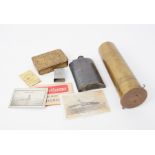 WWI Mary tin and other items including shell case, flask, Baghdad 1920 match case (Devonport).