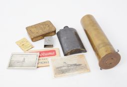 WWI Mary tin and other items including shell case, flask, Baghdad 1920 match case (Devonport).