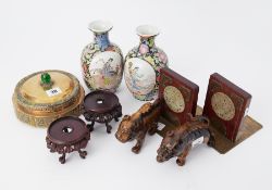 Pair of Chinese 20th century porcelain vases, height 19cm on stands, a brass and decorative box with