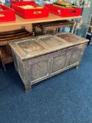 A small antique oak blanket chest, with panels and candle box, length 162cm.