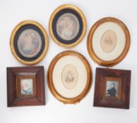 A pair of miniature portraits in square rosewood frames 23cm x 20cm together with two other pairs of