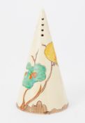 Clarice Cliff (Wilkinson) conical sugar castor, height 14.5cm.