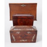 Victorian rosewood and mother of pearl inlaid tea caddy, a mahogany caddy, an oak stationary box
