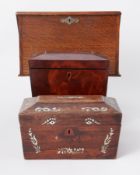 Victorian rosewood and mother of pearl inlaid tea caddy, a mahogany caddy, an oak stationary box