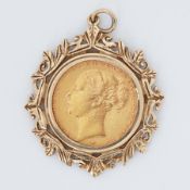 An 1881 Victoria full sovereign in a 9ct yellow gold pendant mount, 11.59gm.