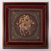 Ornate Indian tapestry art work, framed, 77cm x 73cm.