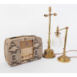 Ultra vintage radio with alligator type casing together with two brass desk lamps.