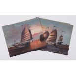 Two Chinese paintings on card of sail boats titled 'Chinese Merchant and War Junks', 21cm x 24cm,