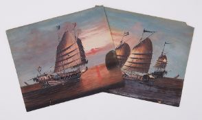 Two Chinese paintings on card of sail boats titled 'Chinese Merchant and War Junks', 21cm x 24cm,