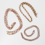 A 9ct gold 26" belcher chain, 7.58gm, a 9ct gold 17" twisted rope link style chain, 29.05gm and a