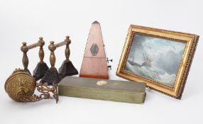 A French metronome, iron and brass fire dogs, 19th century portraits including Jane Seymour, 19th