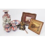 Four Japanese Imari plates, vases, also a coffee grinder, 19th century scene, printed portraits in