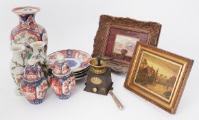 Four Japanese Imari plates, vases, also a coffee grinder, 19th century scene, printed portraits in