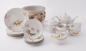 A reproduction Chinese jardiniere together with a Japanese egg shell tea service (16 pieces).