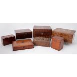 Collection of seen various boxes including rosewood sewing boxes, Victorian parquetry inlaid boxes