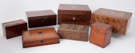 Collection of seen various boxes including rosewood sewing boxes, Victorian parquetry inlaid boxes