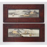 Pair oriental landscapes scenes, in heavy oak frames overall size 28cm x 64cm.