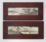 Pair oriental landscapes scenes, in heavy oak frames overall size 28cm x 64cm.