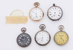 Five pocket watches including military black dial marked 1925 by Zenith, silver, case number 3090646